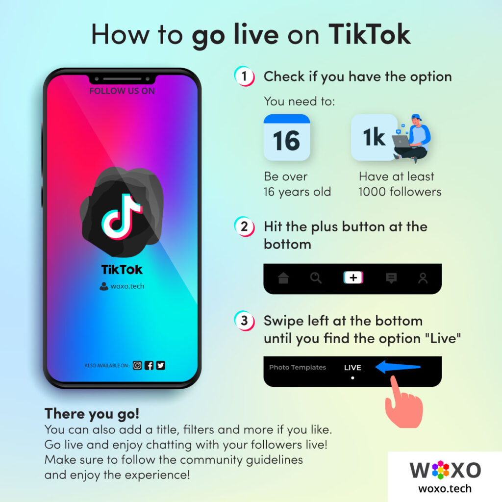 Description of how to go live on tiktok. Step 1: check if you have the option. Step 2: Hit the plus button. Step 3: Swipe left until you find the option "Live"